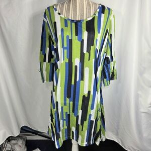 Pleats Collection Green Blue Multi 3/4 Sleeve Tie Bell Cuff Dress Size Large